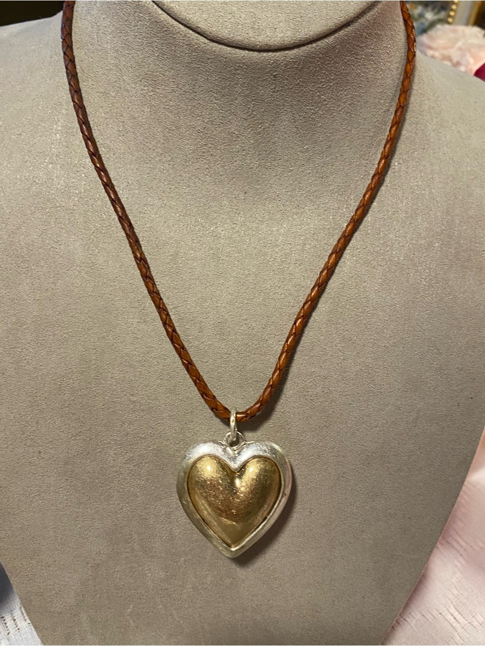 Two-Tone Matte Heart Pendant Necklace - Gold & Silver on Brown Cord